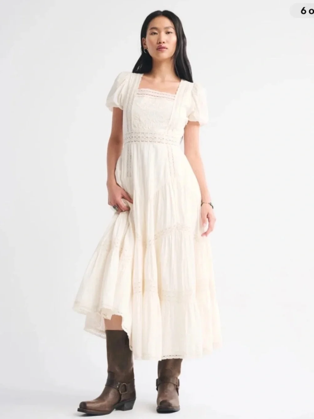 Abercrombie x Kemo Sabe 100% Cotton Puff Sleeve Lace Ruffle Boho Maxi Dress L